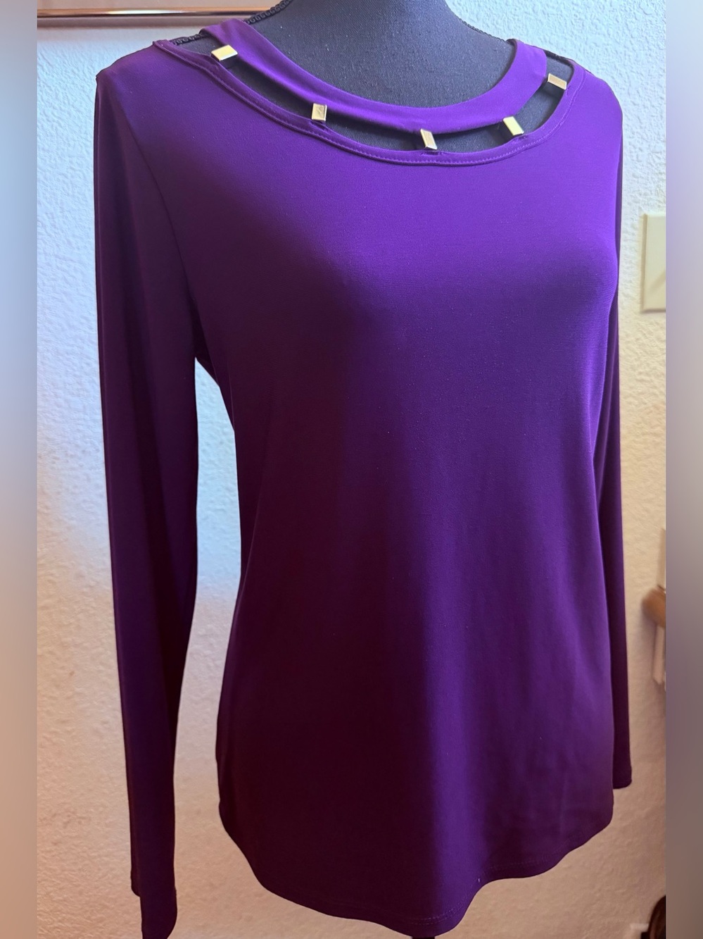 Diana Belle Women's Purple Stretchy top with cutouts and gold metal accents